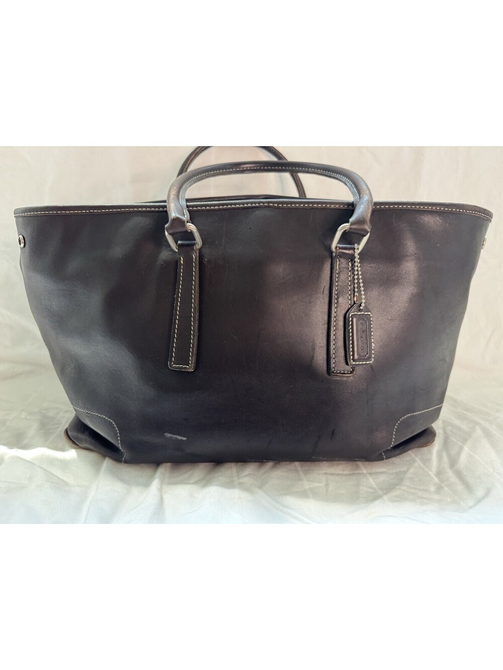 Coach Brown Tote Bag Contrast Stitching Silver Hardware Buckle Closure Charm